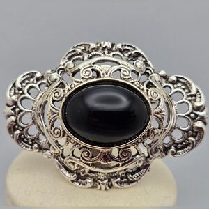 Silver and Black Onyx Filigree Antique Elegant Brooch Pin